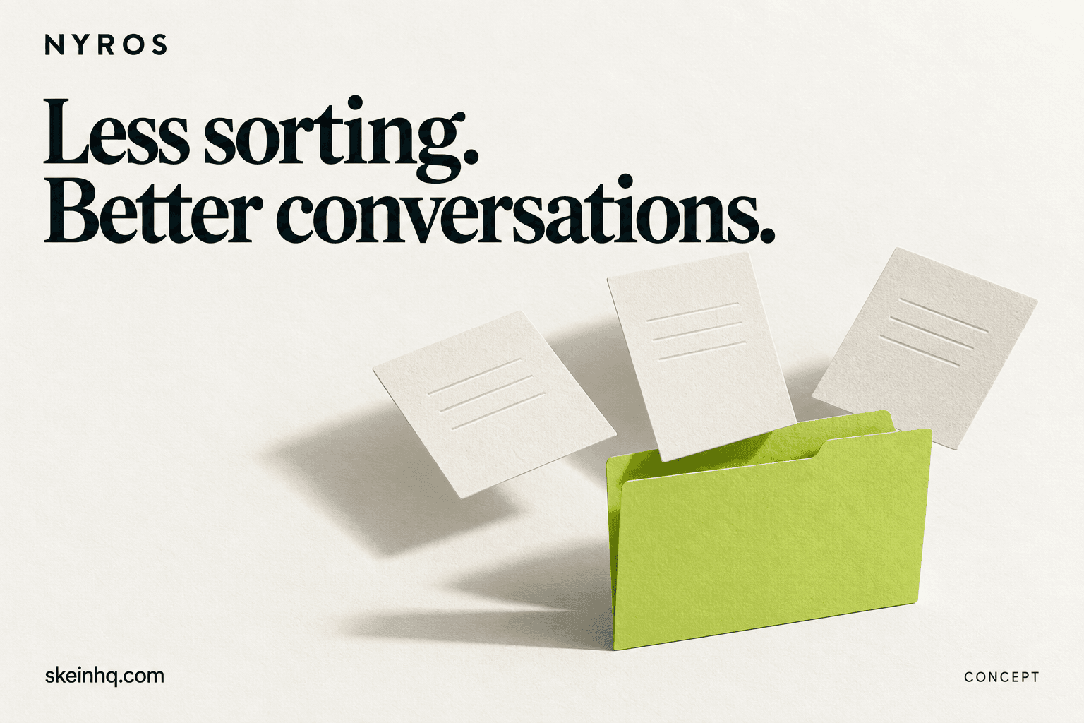 Less sorting. Better conversations. Paper message cards come together in one lime folder, a concept for keeping enquiry context together.